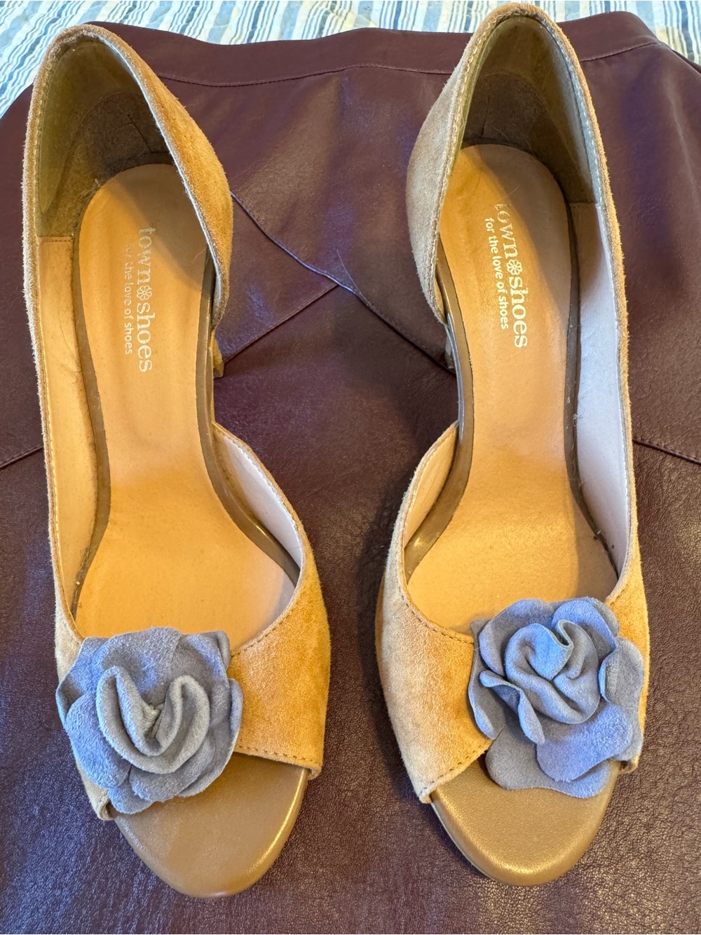 Tan Suede Peep-Toe Flats with Blue Suede Flower